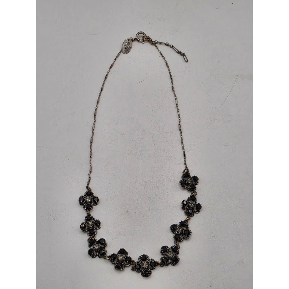 Liz Palacios SF Black Crystal Floral Station Necklace Antiqued Silver Tone 17in